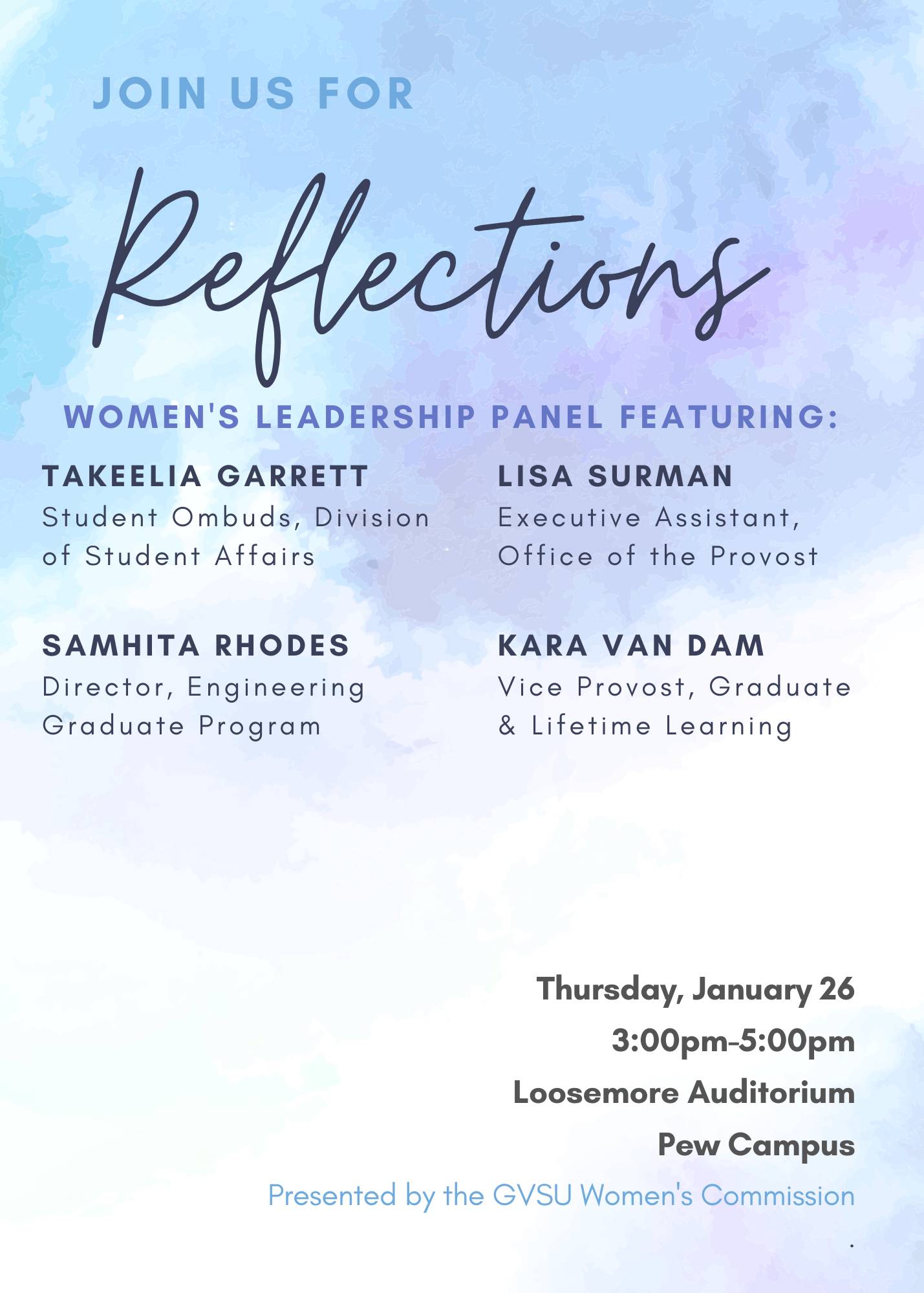 Reflections Women's Leadership Panel Invitation Thursday, January 26, 3pm-5pm